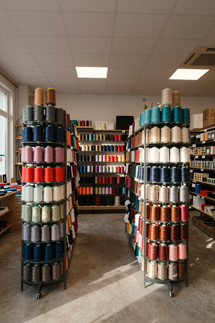 Monogram Thread Spool Rack Reset in Lanzhou Retail in beside a seasonal endcap near the sales floor in Lanzhou