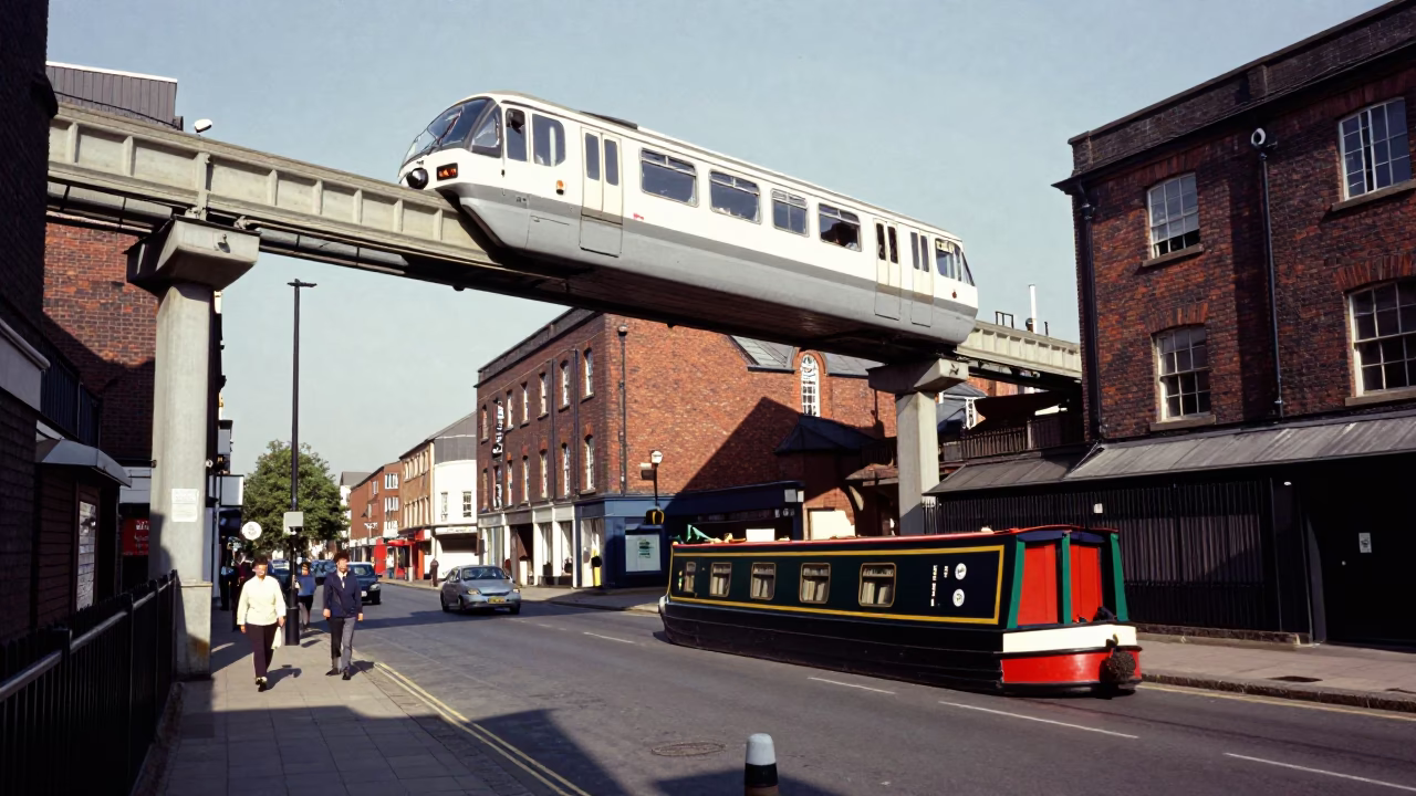 Monorail Above Bristol Street Midday with Narrowboat on English Canal in in Bristol, United Kingdom