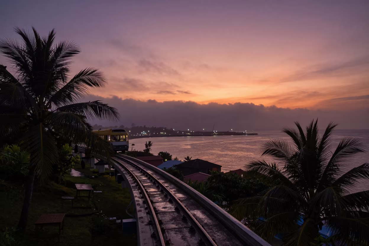 Monorail Curve Against Bali Sunset Sky in beside a fogbound harbor mouth in Bali