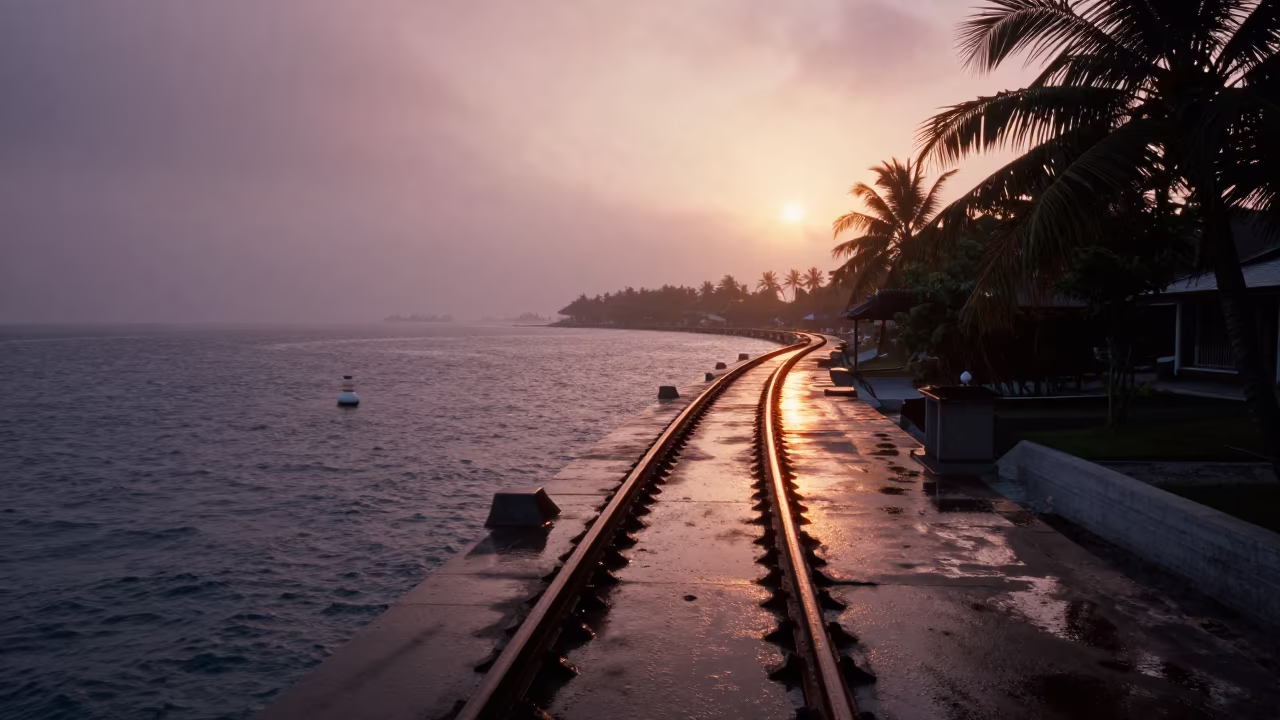 Monorail Curve Over Maldives Harbor at Sunset in beside a fogbound harbor mouth in Maldives