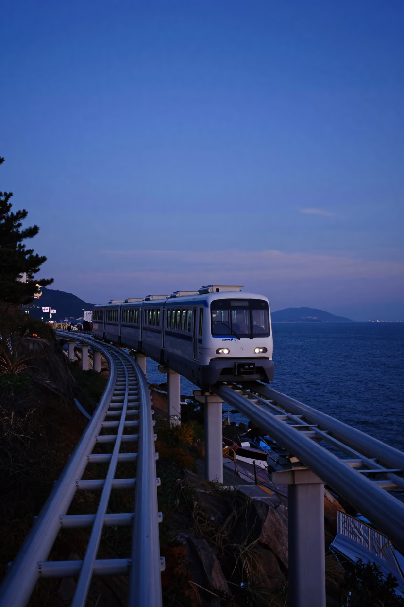 Monorail Glide in Busan at The Still Hours Before Dawn Light in in Busan, South Korea