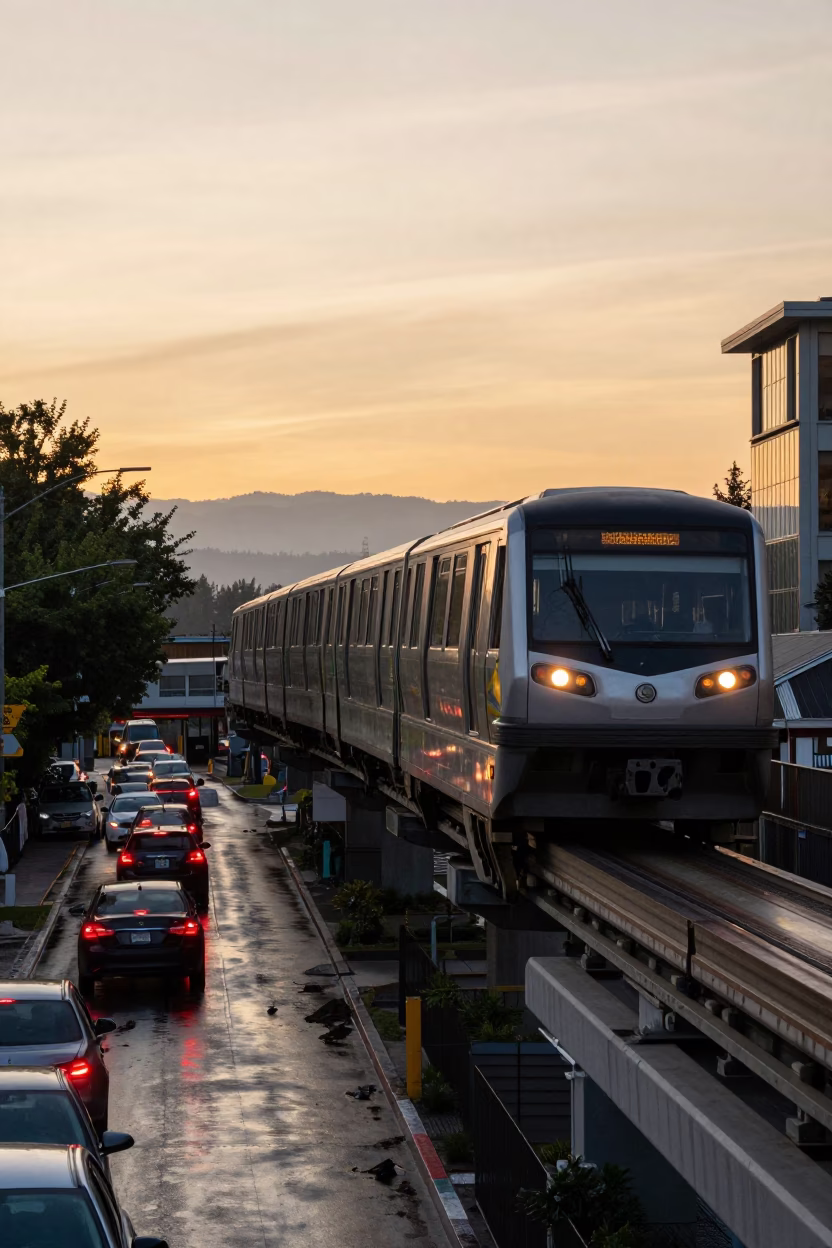 Monorail Glide in Seattle at Golden Hour in in Seattle, Washington, United States