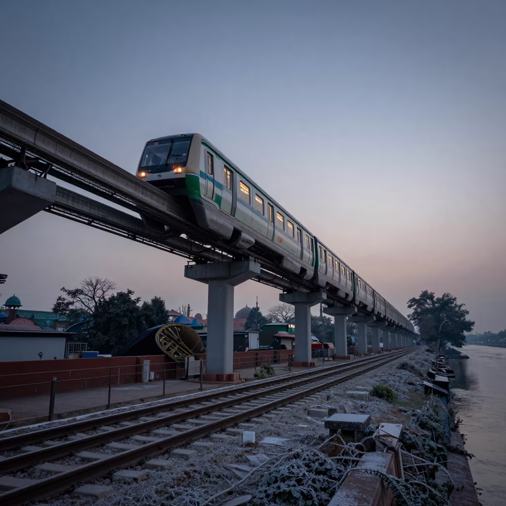 Monorail glides over Delhi river at blue hour twilight in on a wind-open causeway near Jama Masjid, Delhi