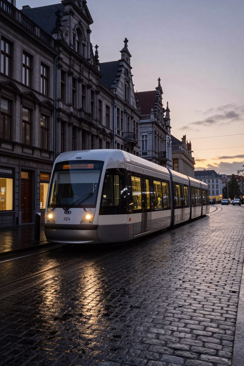 Monorail Gliding at Nautical Dawn Light in Brussels in in Brussels, Belgium
