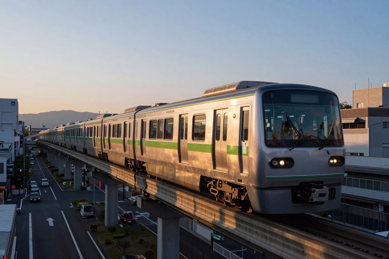 Monorail Gliding in Osaka at The Still Hours Before Dawn Light in in Osaka, Japan