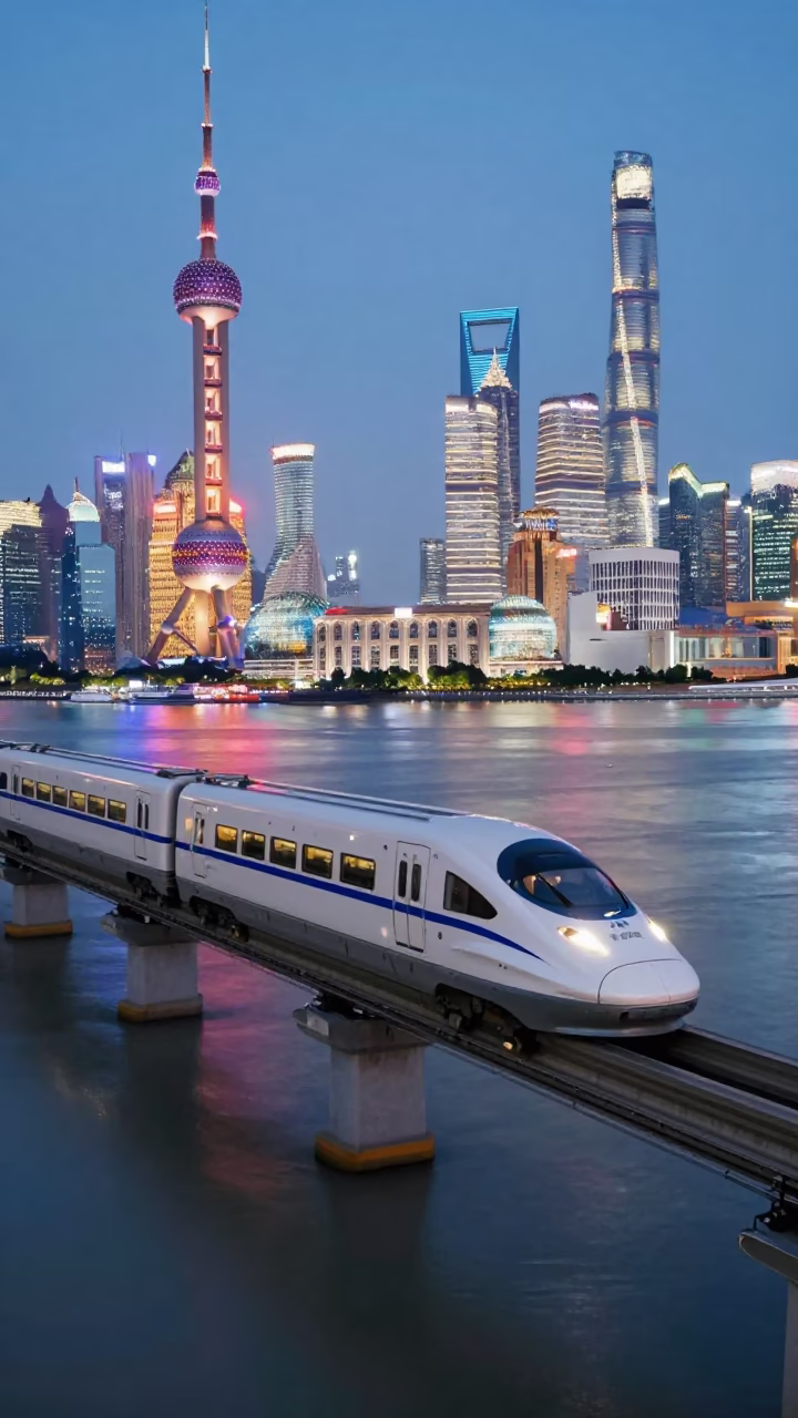 Monorail Gliding in Shanghai at The Early Evening Light in in Shanghai, China