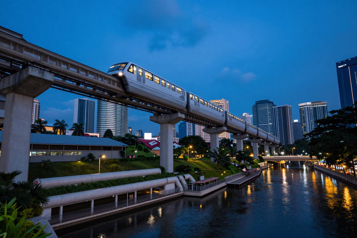 Monorail Gliding Over Kuala Lumpur River at Blue Hour with Street Level Details in in Kuala Lumpur, Malaysia