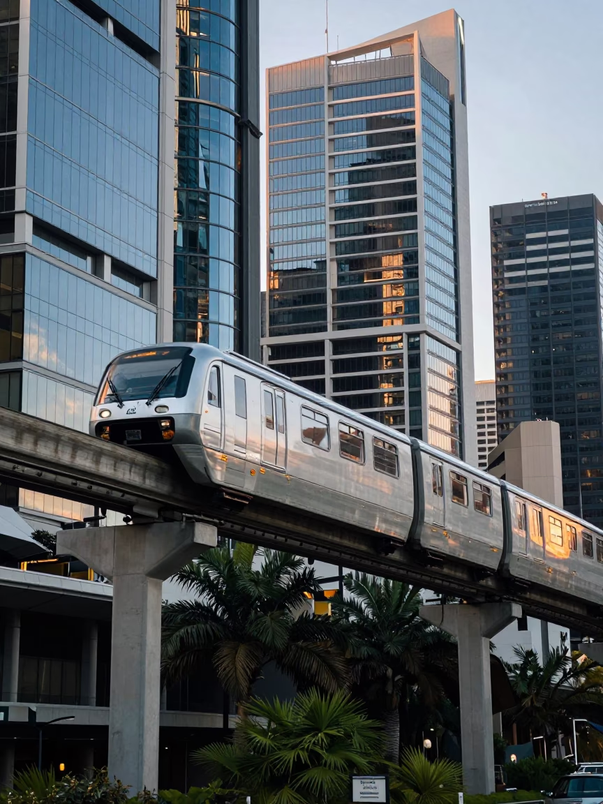 Monorail Gliding Past Glass Towers and Palm Trees in Sydney Early Evening in in Sydney, New South Wales, Australia