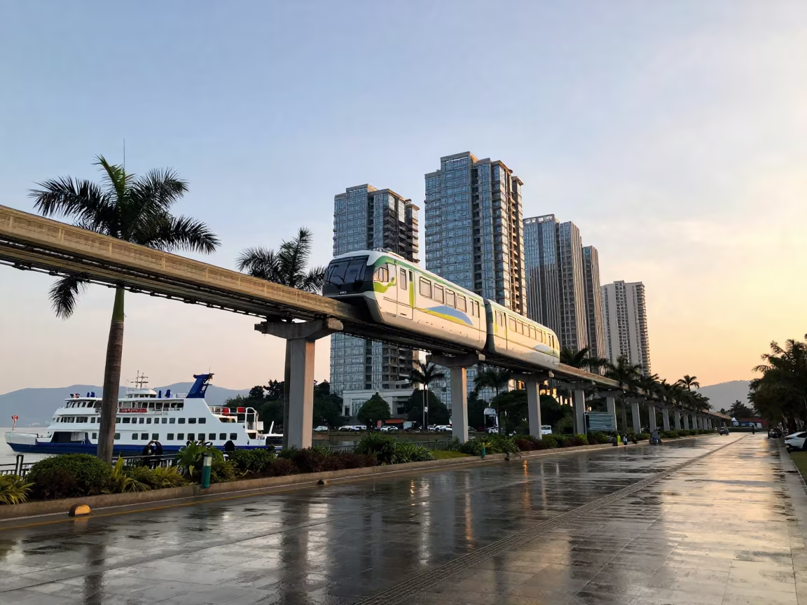 Monorail Gliding Past Palm Trees at Golden Hour in across a remote ferry crossing in Yunnan