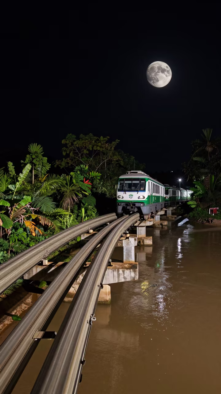 Monorail Over River on Lunar Twilight Causeway in on a wind-open causeway in Laos