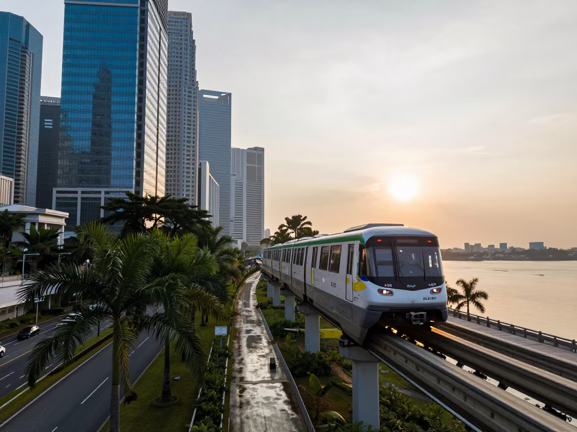 Monorail Passes Palm Trees at Singapore Sunrise in on a wind-open causeway near Singapore