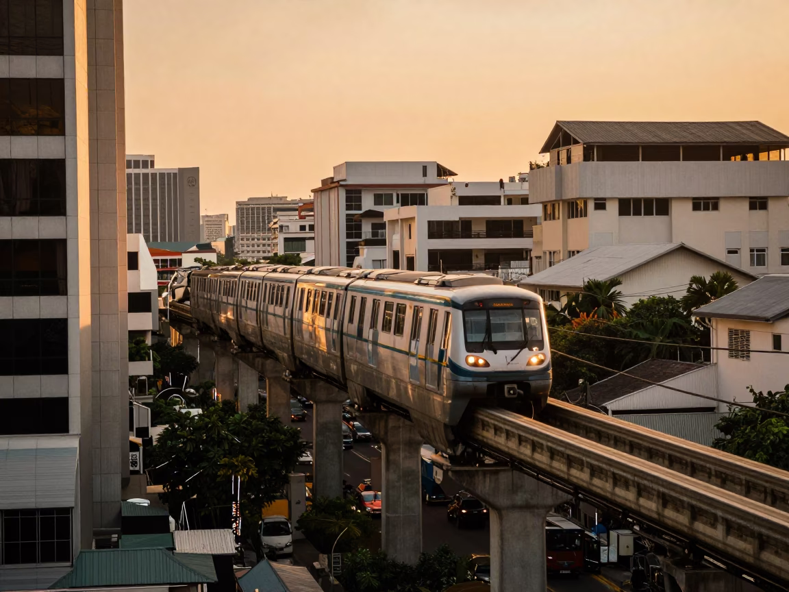 Monorail Passing in Bangkok at Honeyed Evening Light in in Bangkok, Thailand