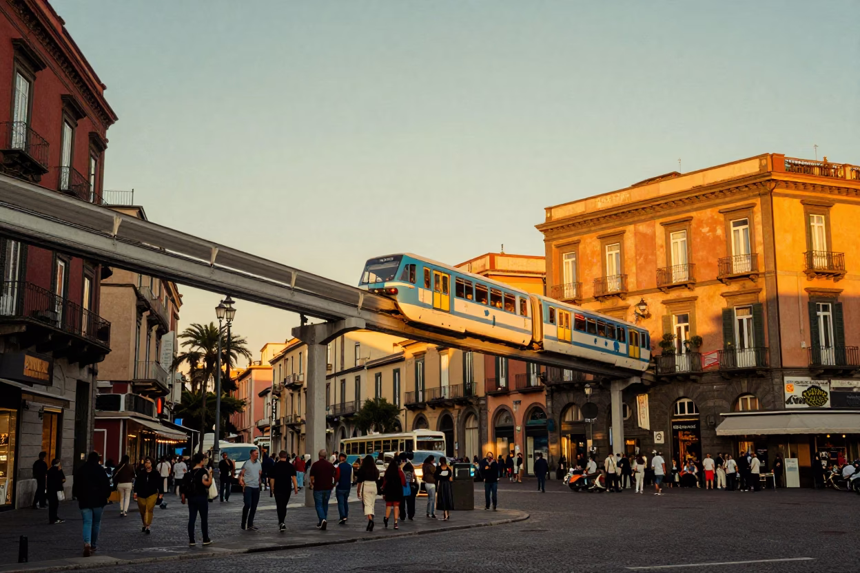 Monorail Passing in Naples at Honeyed Evening Light in in Naples, Italy