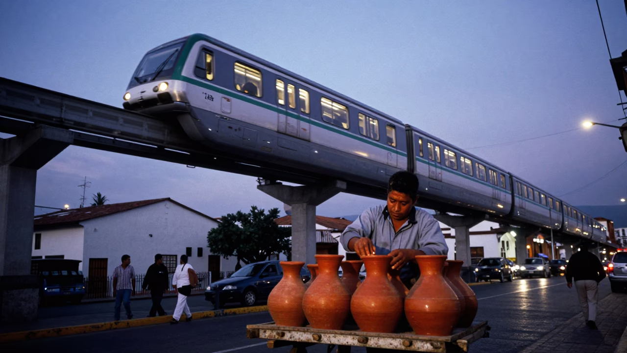 Monorail Passing in Quito at Twilight in in Quito, Ecuador