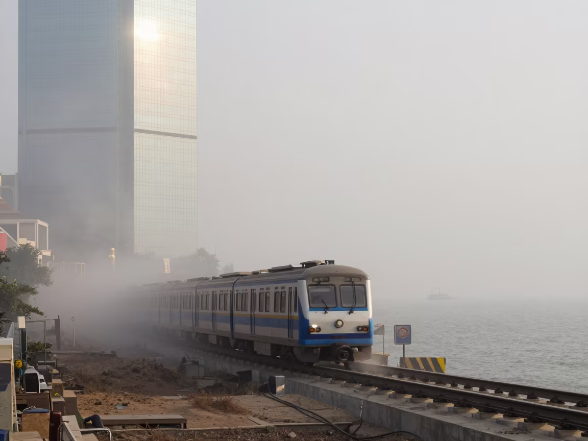 Monorail Reflected in Glass Skyscraper in beside a fogbound harbor mouth near Jamnagar