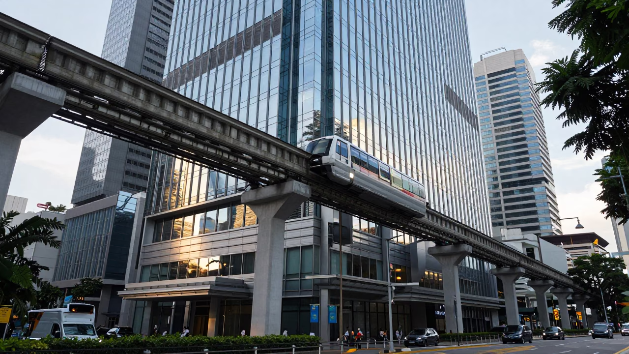 Monorail Reflected in Glass Skyscraper Late Morning Singapore Street Scene in in Singapore, Singapore