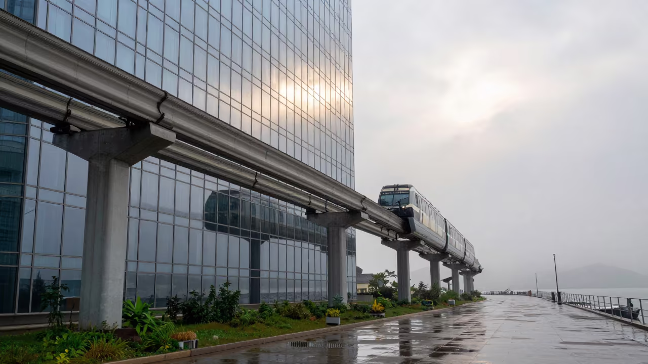 Monorail Reflected in Skyscraper Foggy Harbor Azerbaijan in beside a fogbound harbor mouth in Azerbaijan