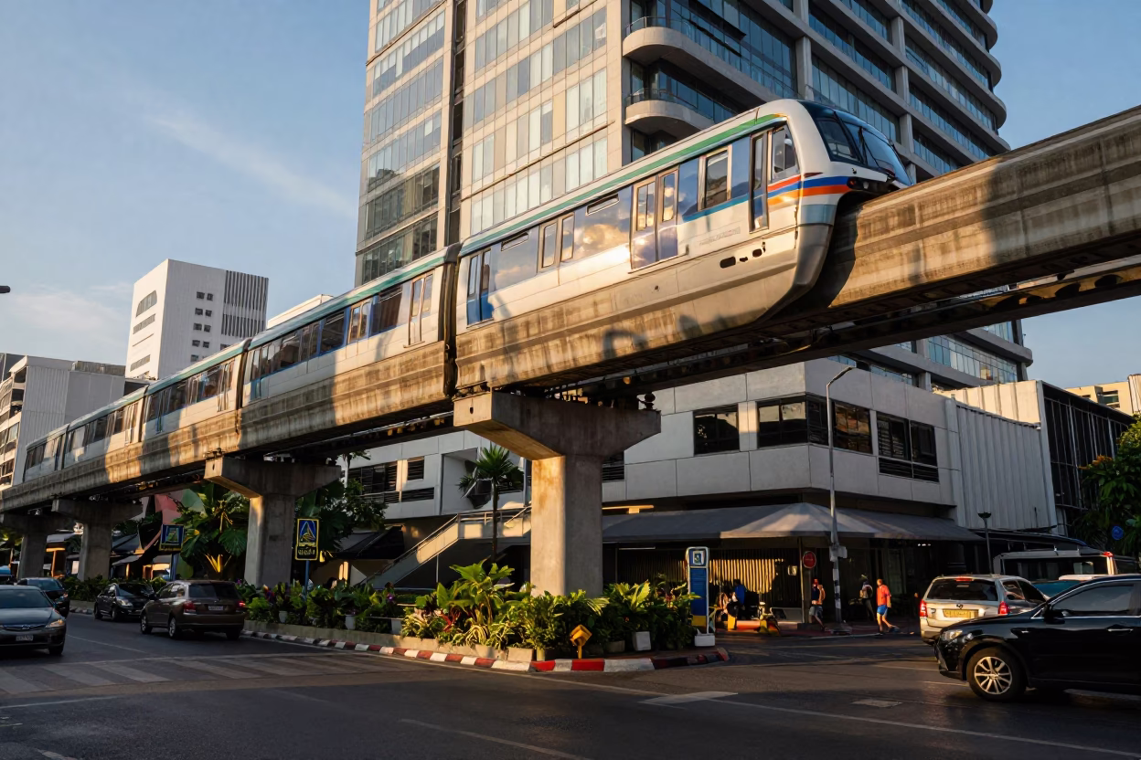 Monorail Reflection at The Late Afternoon Light in Bangkok in in Bangkok, Thailand