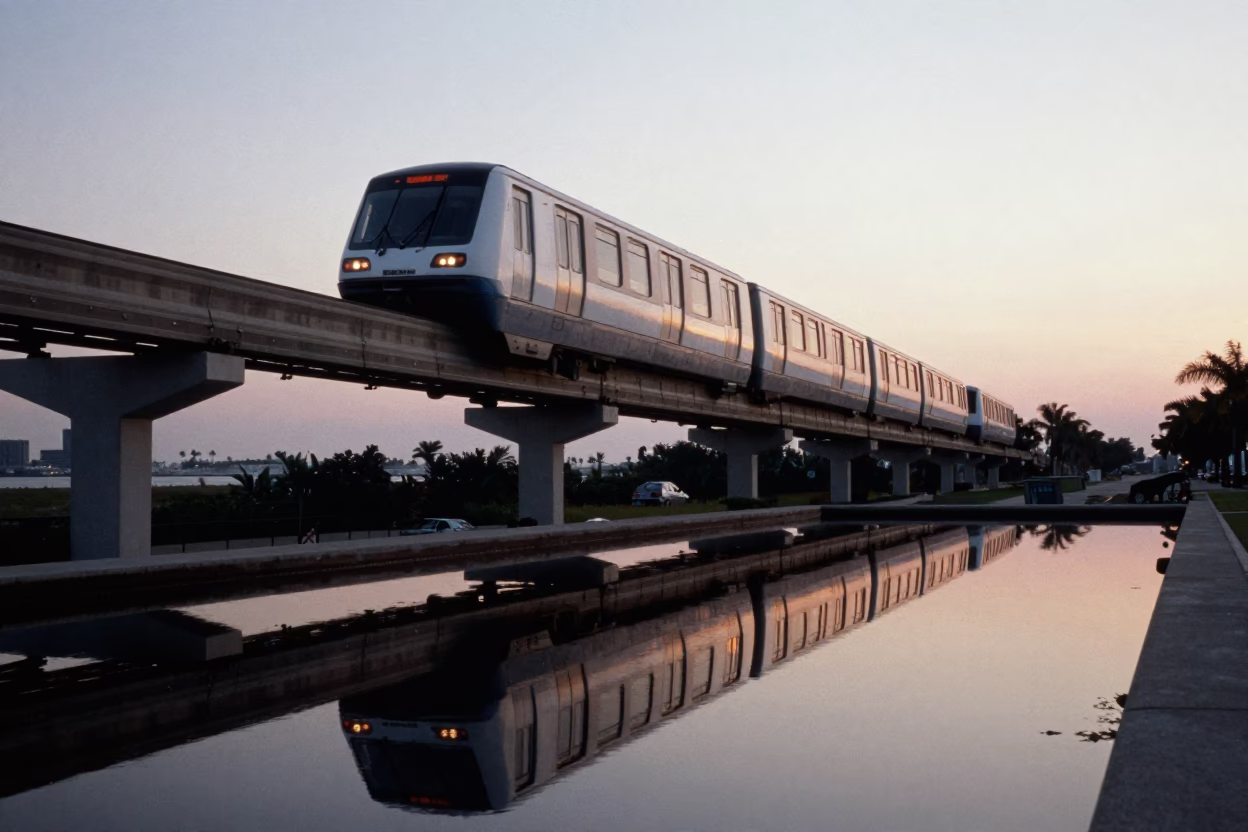 Monorail Reflection at The Still Hours Before Dawn Light in Miami in in Miami, Florida, United States