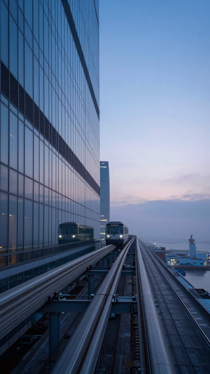 Monorail Reflection in Foggy Skyscraper at Blue Hour in beside a fogbound harbor mouth in Chubu