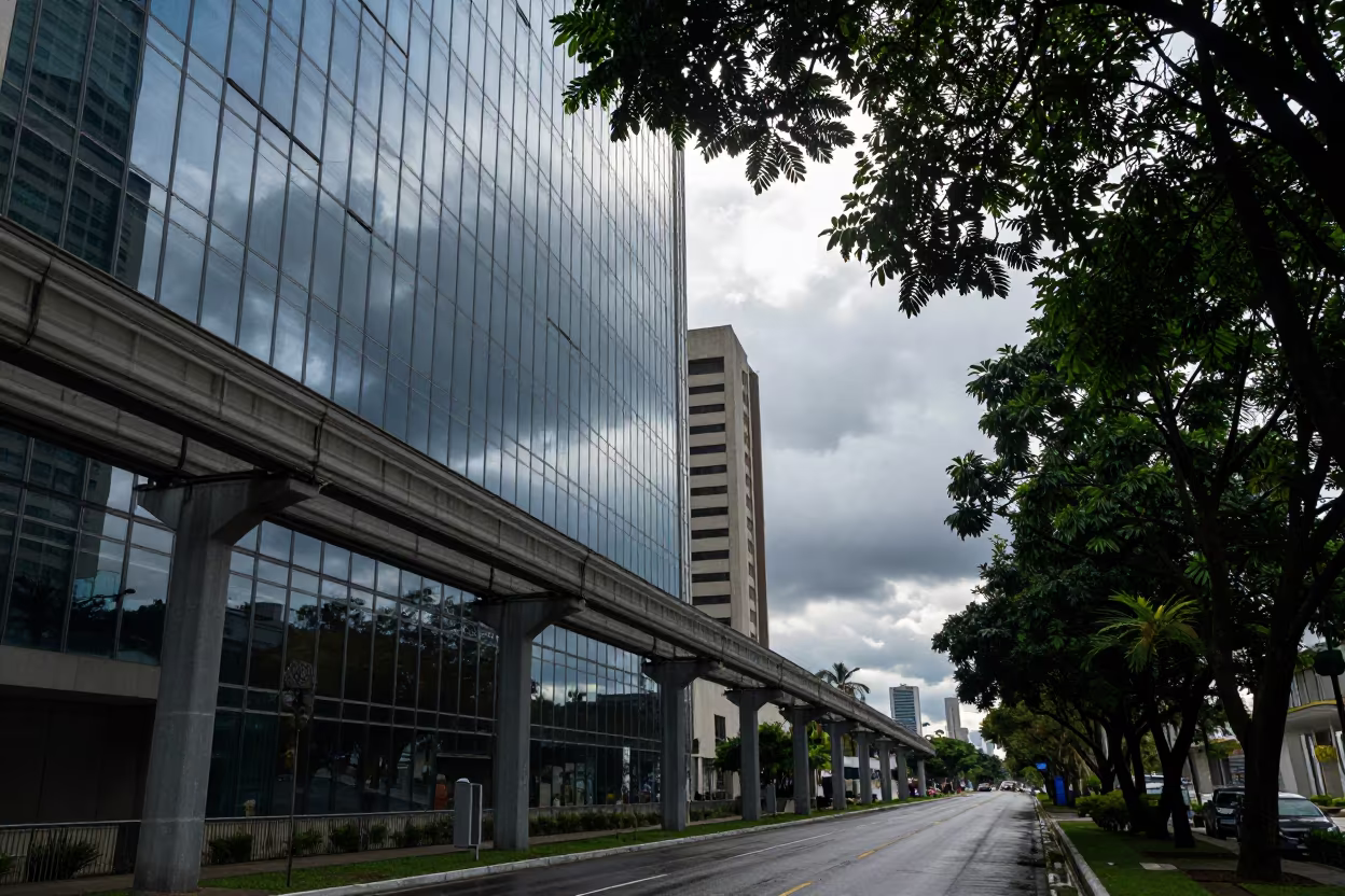 Monorail Reflection on Glass Skyscraper Causeway in on a wind-open causeway near Campinas