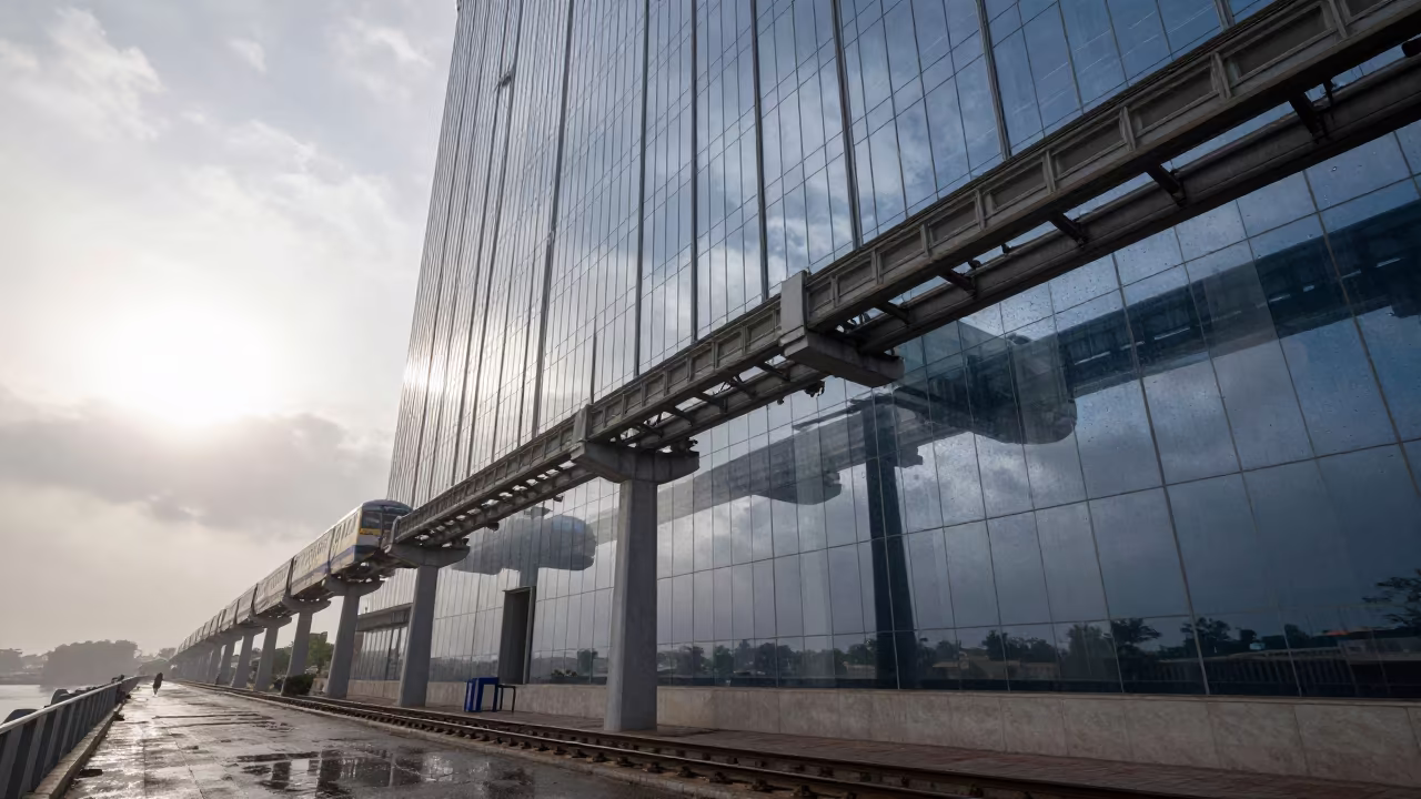 Monorail Reflection in Glass Tower Near Jaisalmer Harbor in beside a fogbound harbor mouth near Jaisalmer