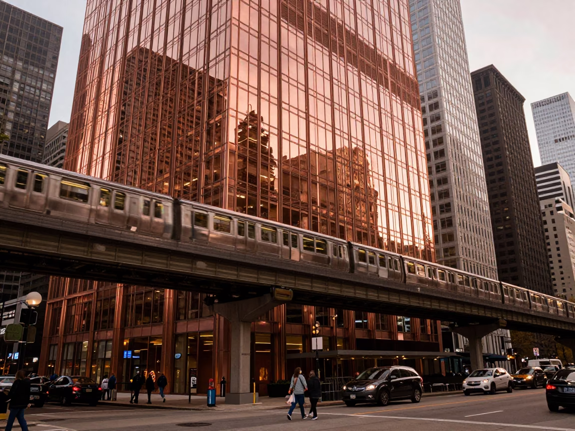 Monorail Reflection in Chicago Glass Skyscraper During Copper Toned Dusk Light in in Chicago, Illinois, United States