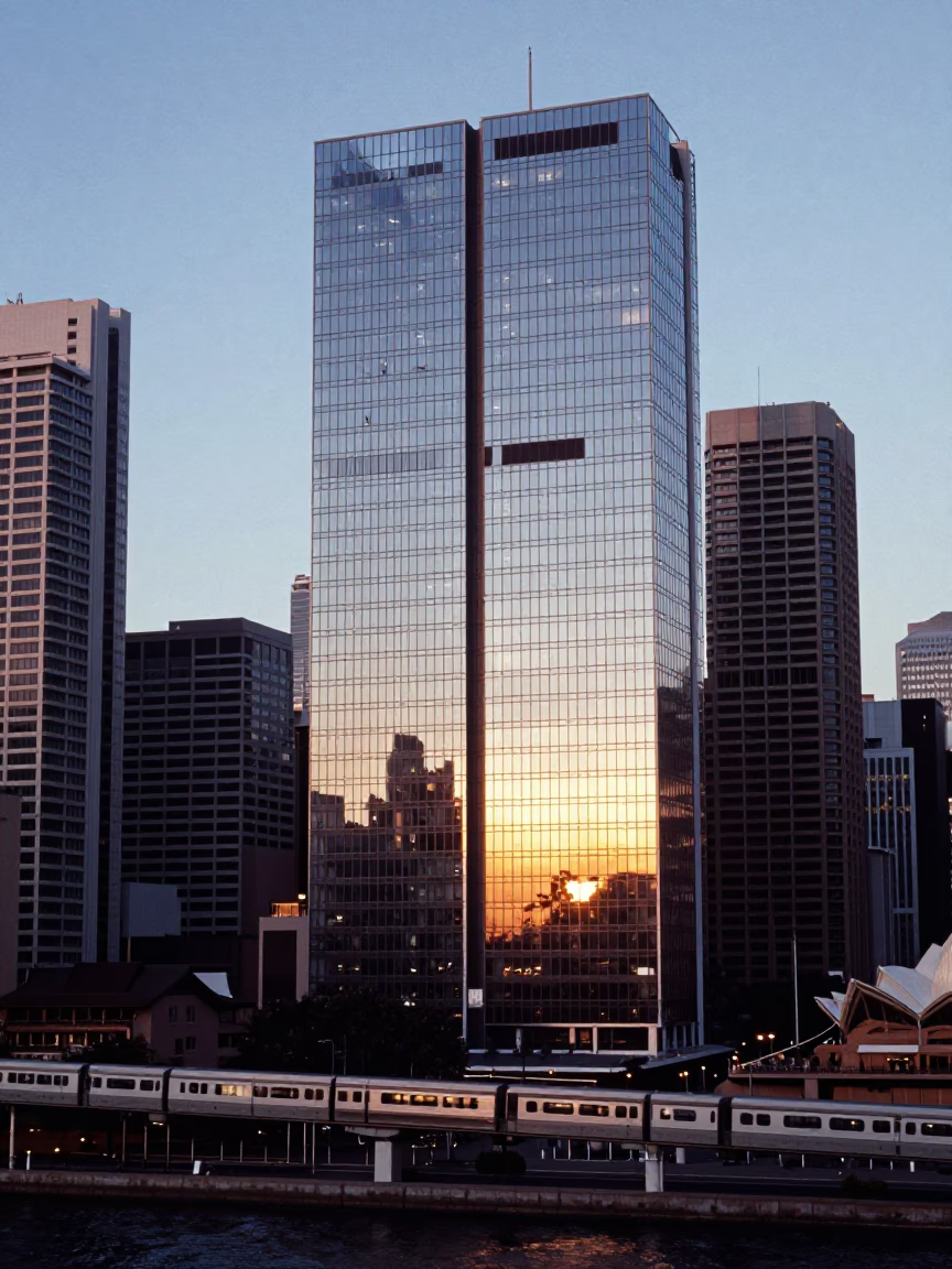 Monorail Reflection in Glass Skyscraper at Nautical Dawn Sydney Australia in in Sydney, New South Wales, Australia