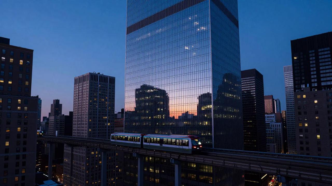 Monorail Reflection in Glass Skyscraper During Indigo Twilight in New York City in in New York, New York, United States