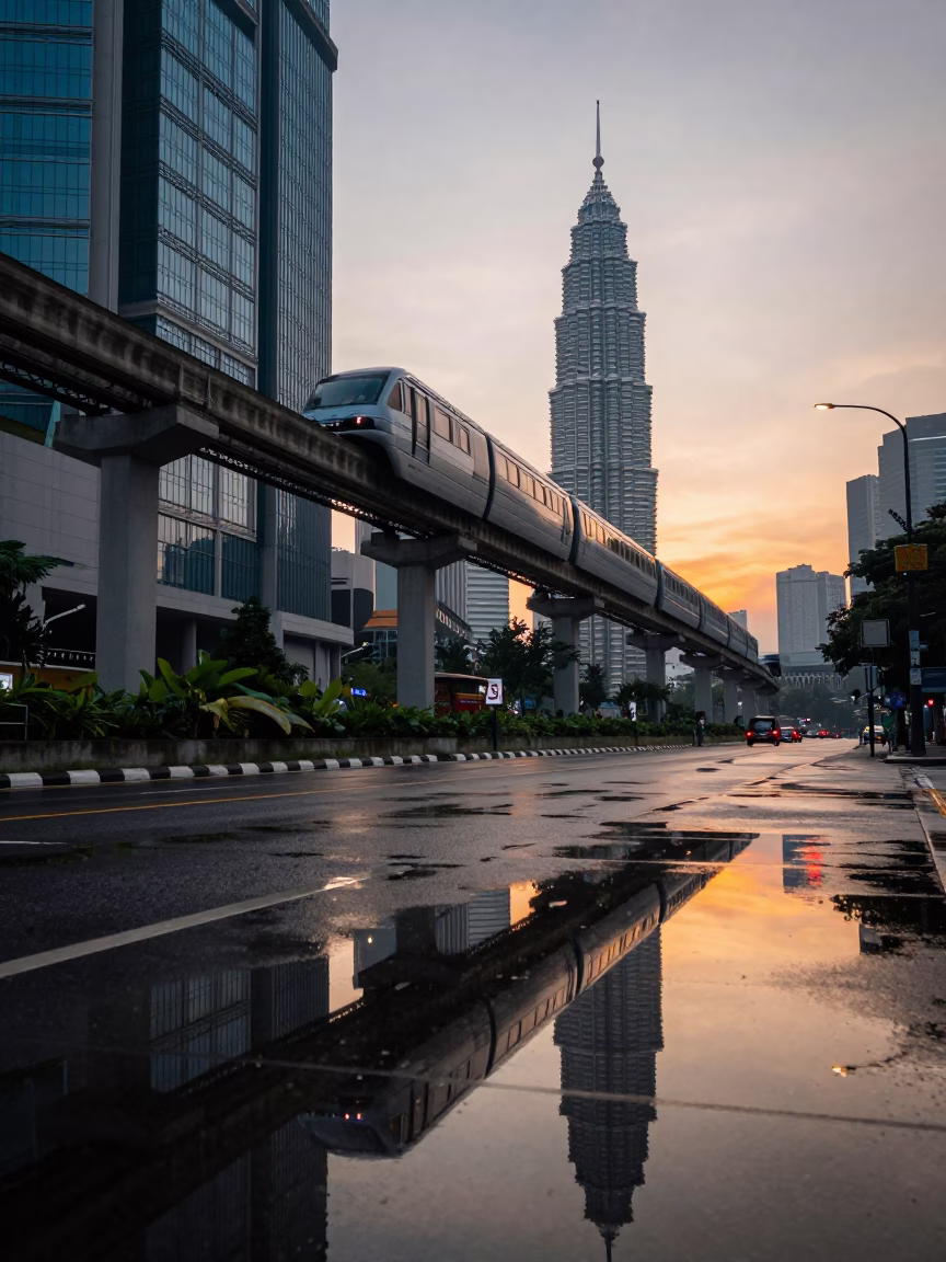 Monorail Reflection in Kuala Lumpur at The Still Hours Before Dawn Light in in Kuala Lumpur, Malaysia