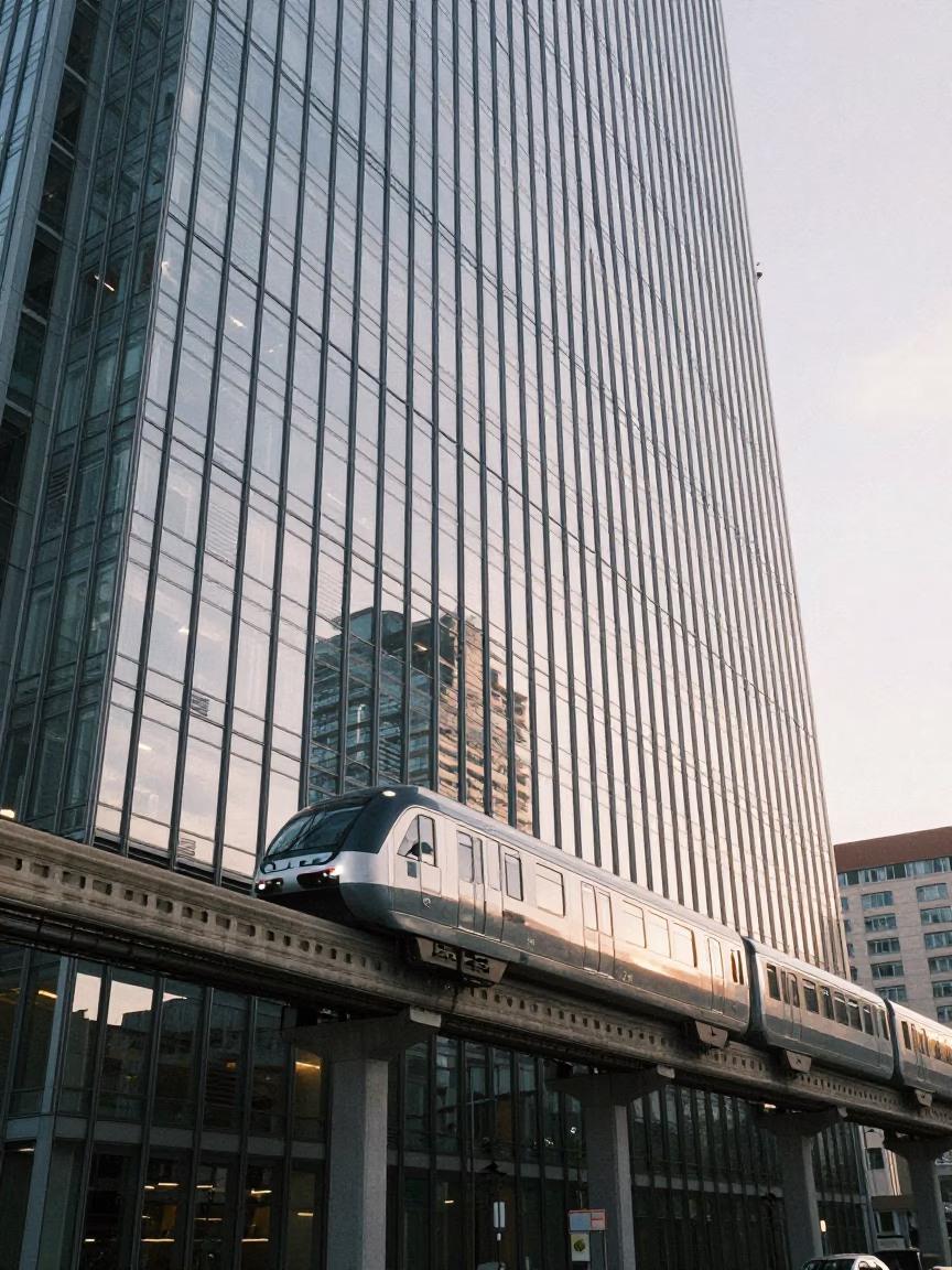 Monorail Reflection in Milan at The Early Afternoon Light in in Milan, Italy
