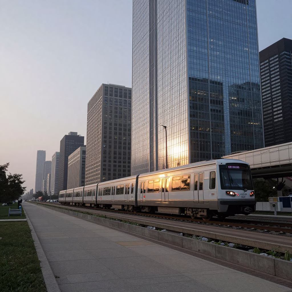 Monorail Reflections in Chicago at Sunrise Light in in Chicago, Illinois, United States