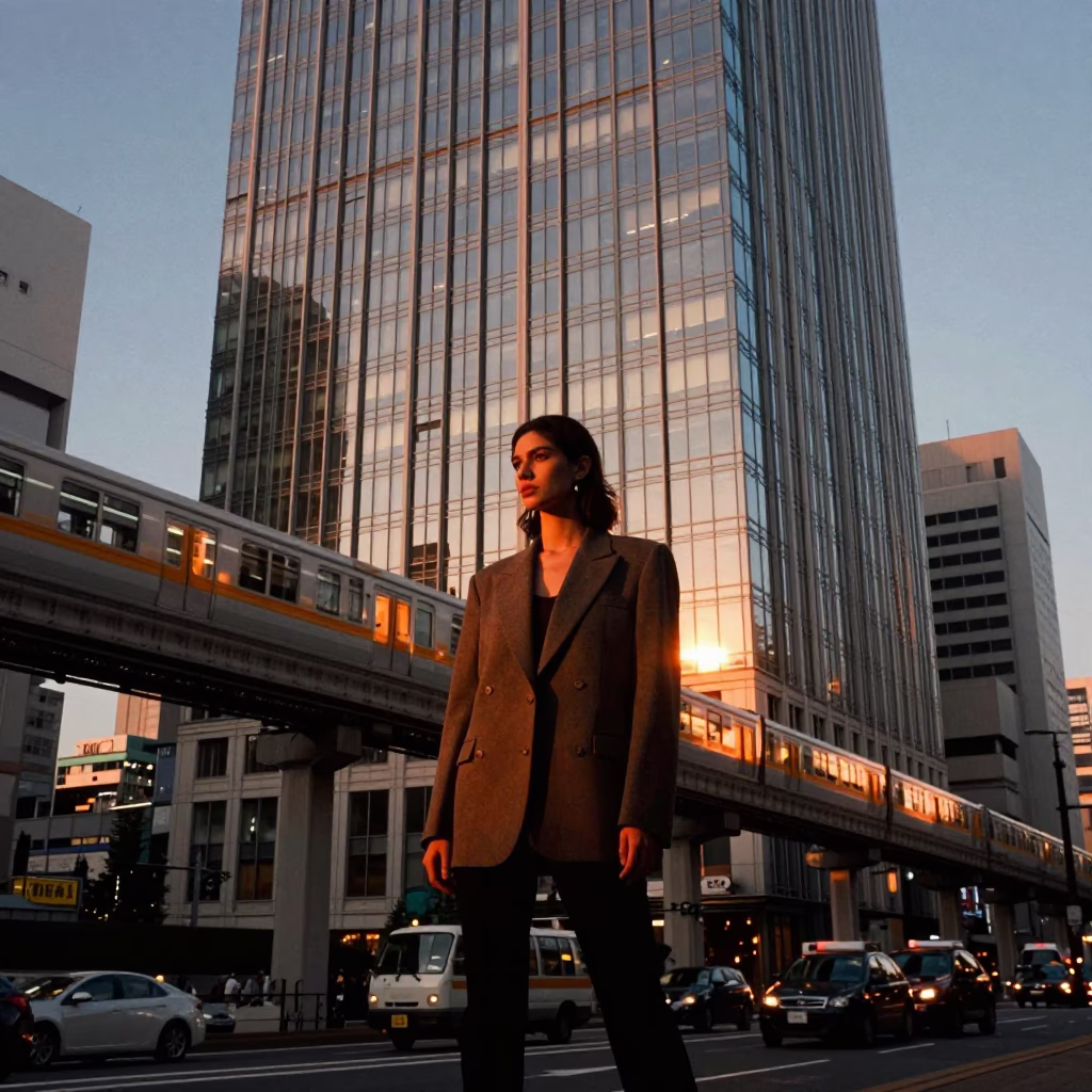 Monorail Reflections in Osaka at Sunset Light in in Osaka, Japan