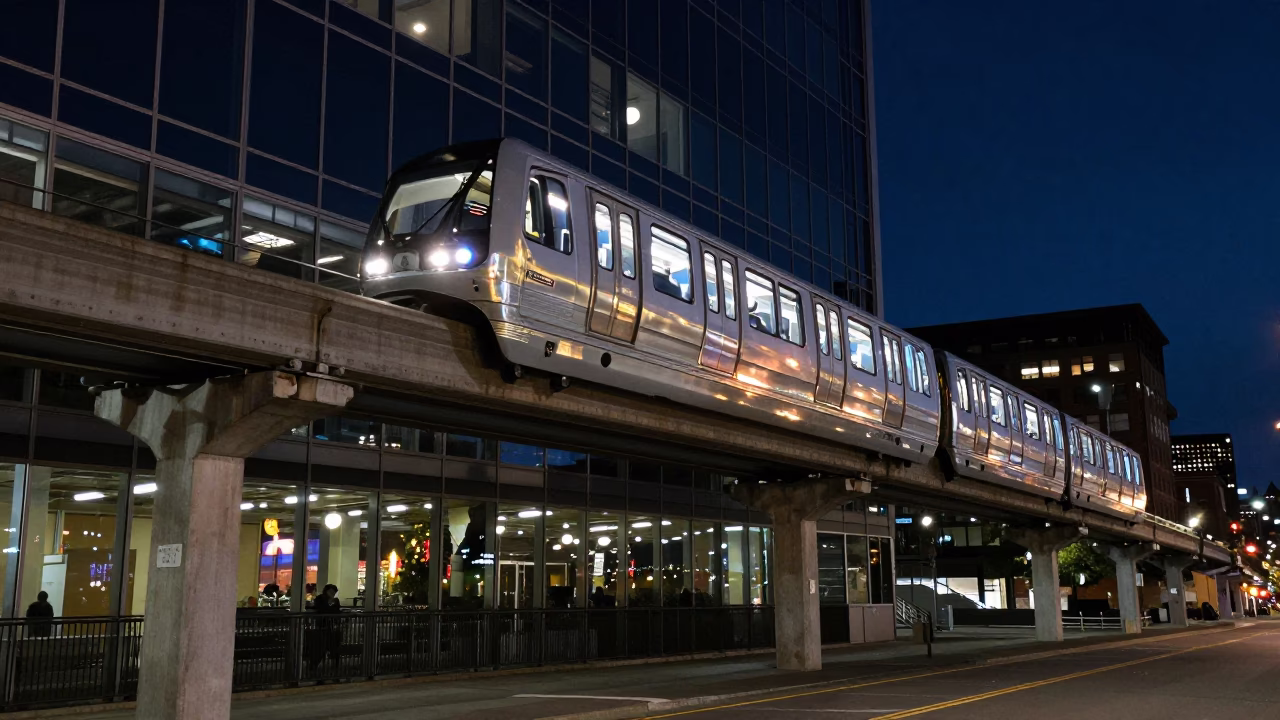 Monorail Reflections in Seattle at The Deepest Night Sky Light in in Seattle, Washington, United States