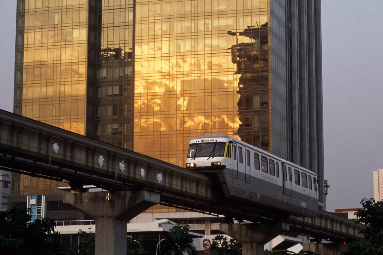 Monorail Sunset Reflection on Thai Skyscraper in on a wind-open causeway in Thailand