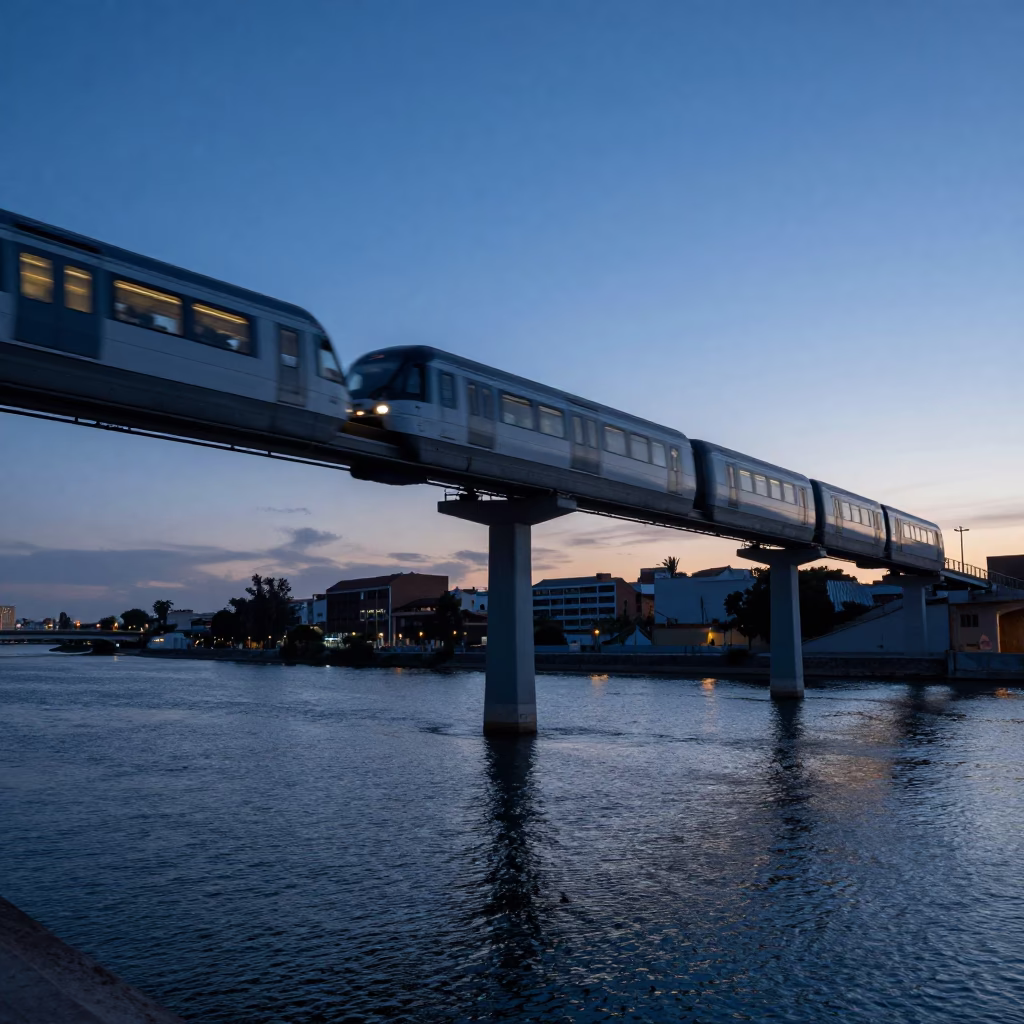Monorail Sweeping in Valencia at Indigo Twilight After Sunset in in Valencia, Spain