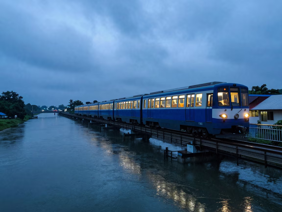 Monorail Sweeping River Iloilo Blue Hour Rain in along a switchback approach near Iloilo