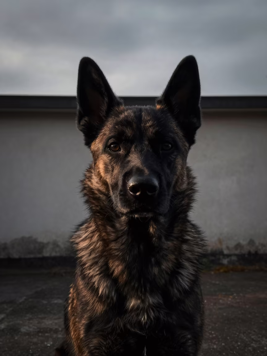 Monrovia Belgian Tervuren Portrait Dawn in beside a plain courtyard wall in clear daylight with the animal at eye level in Monrovia