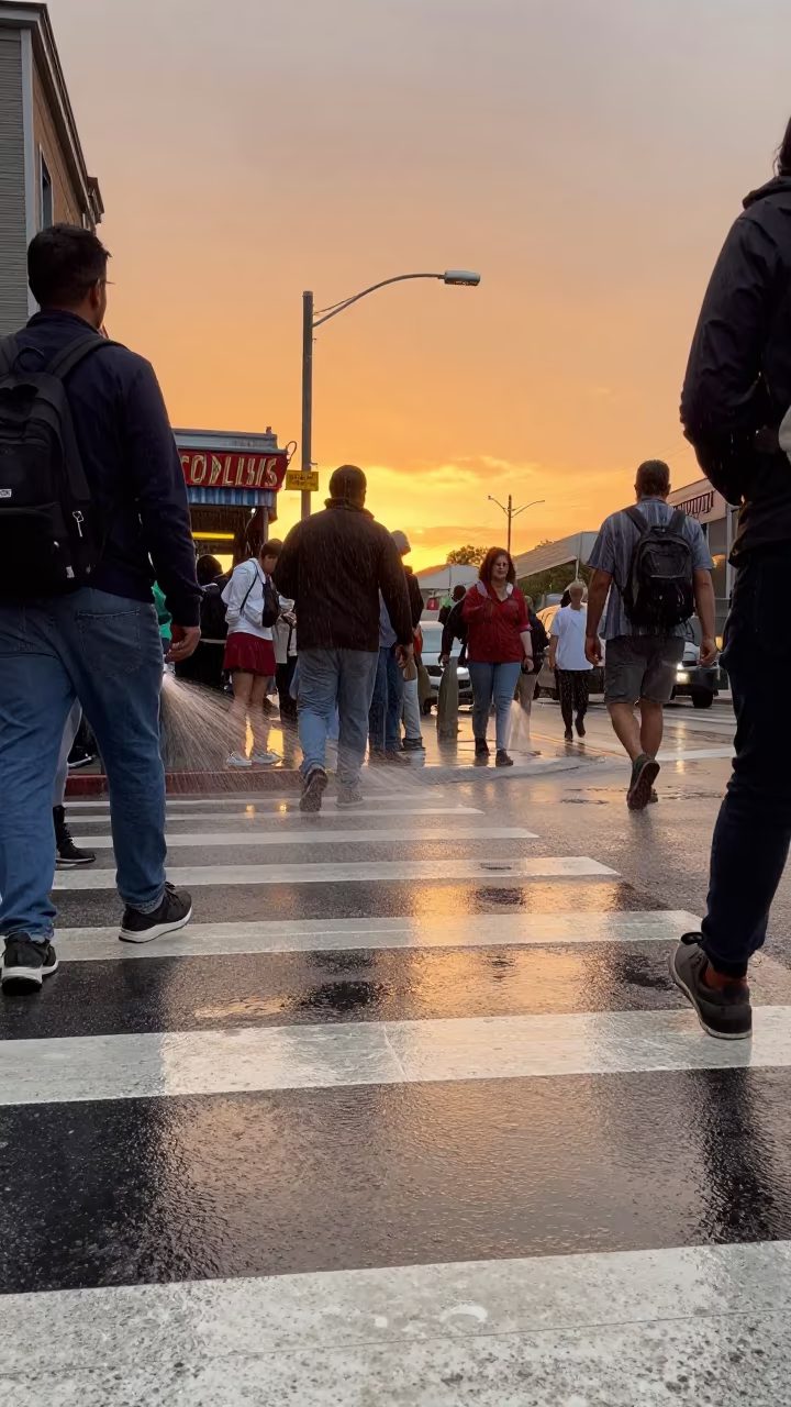 Monrovia Commuters Cross in Rain and Orange Light in outside a corner cafe in Monrovia