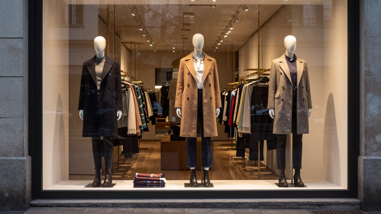 Monsoon Afternoon Light on Retail Coats Salvador in inside a storefront display zone in Salvador