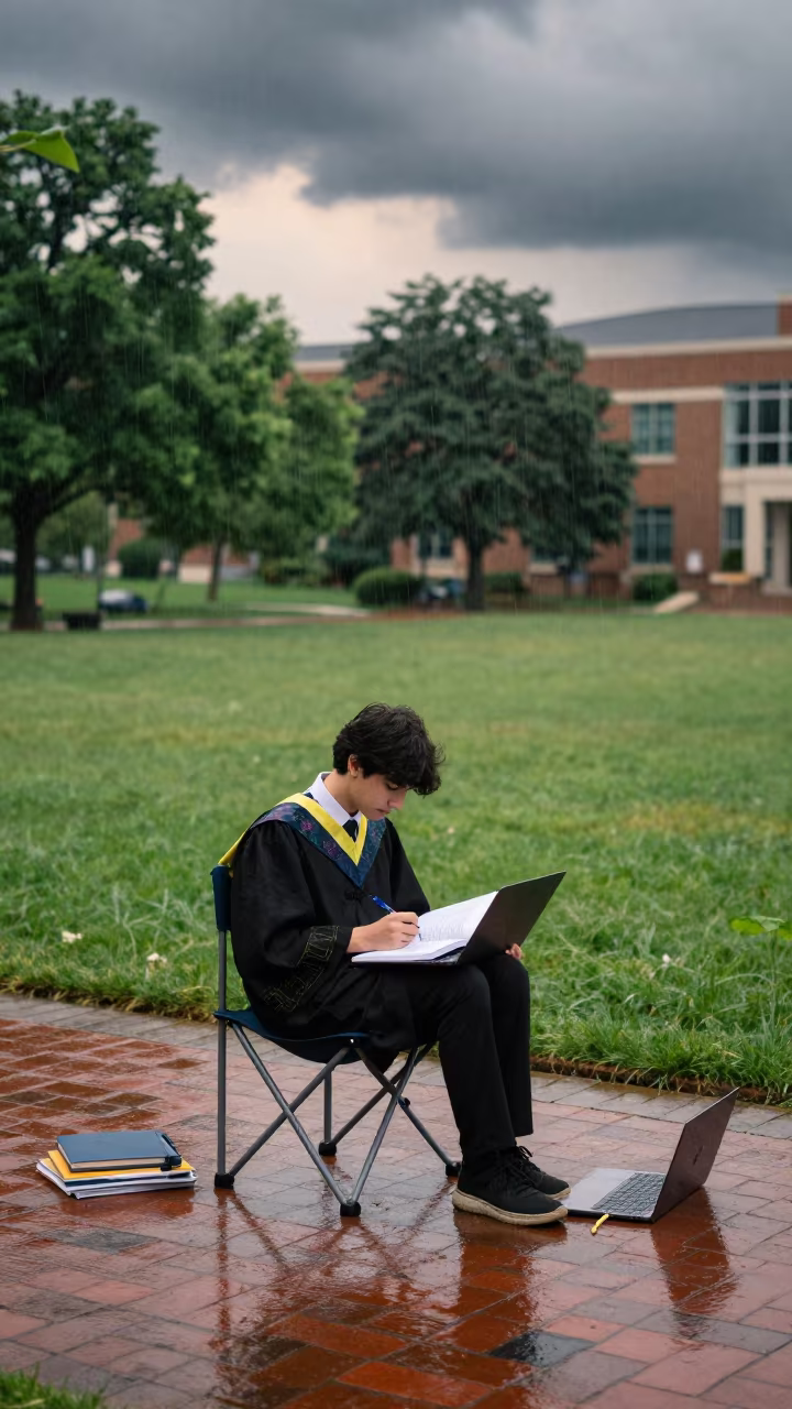 Monsoon Afternoon Study Session on Graduation Lawn in on a graduation lawn under folding chairs near Kotri