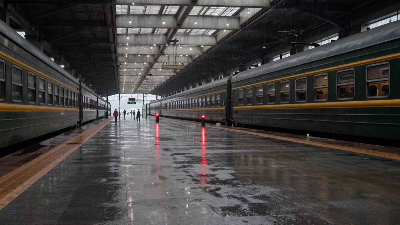 Monsoon Asphalt Reflections in Jinan Train Terminal in inside a restored train terminal in Jinan