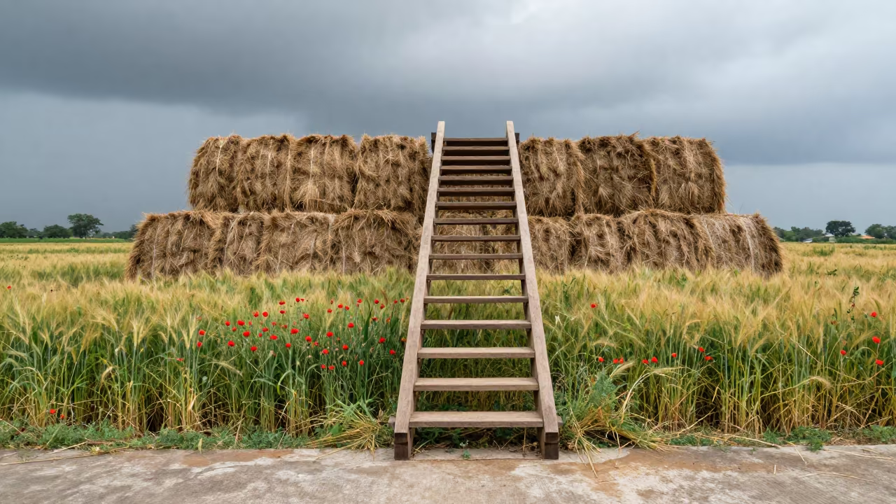 Monsoon Barley Field with Upside Down Staircase in beside stacked hay bales in Telangana