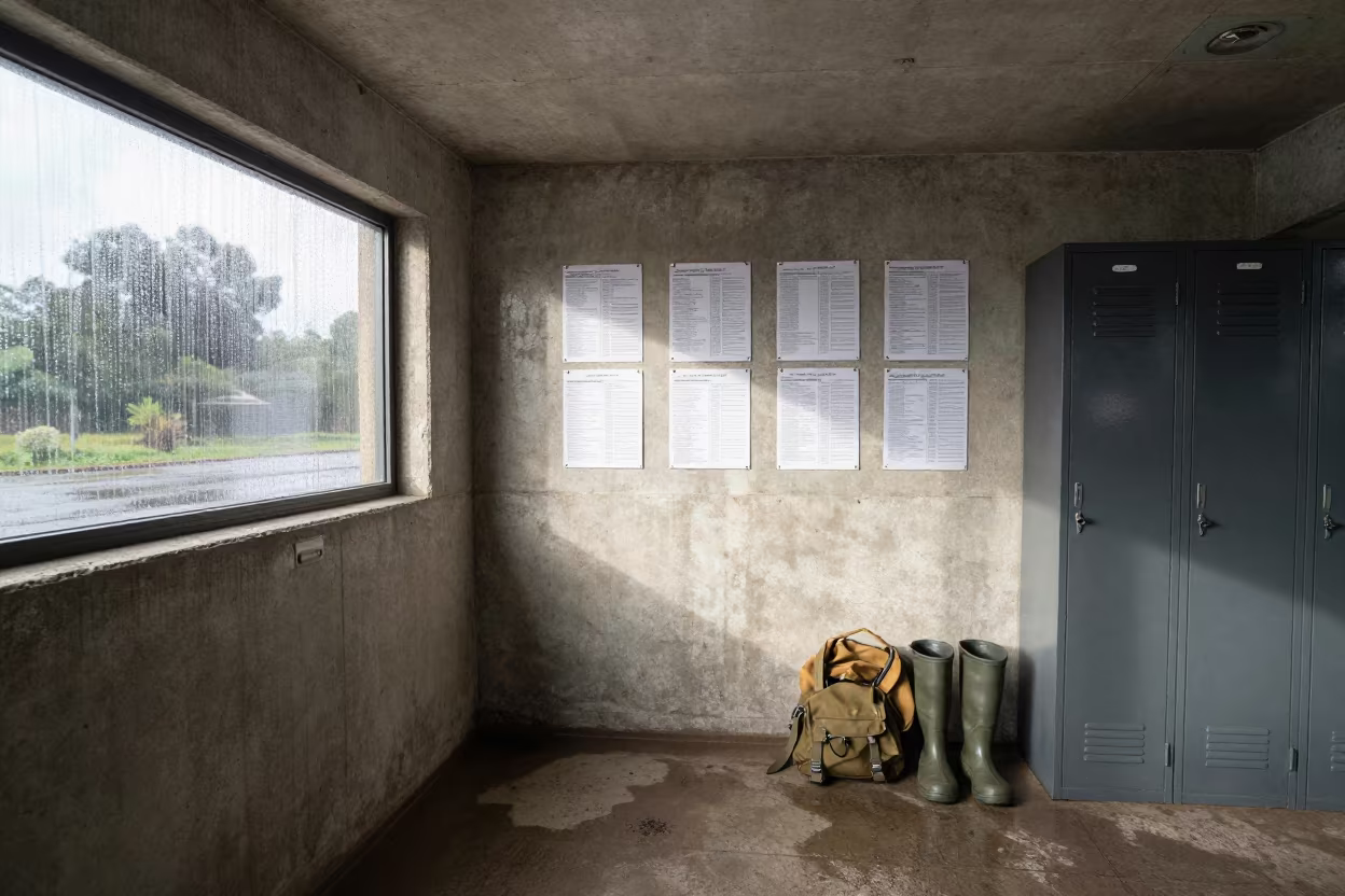 Monsoon Bunker Manifest Board Under Skylight in inside a bunker stairwell near Avellaneda