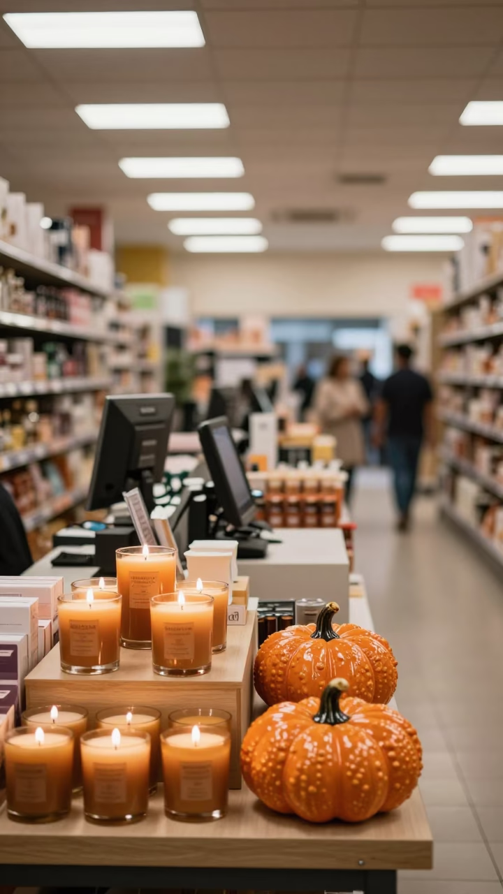Monsoon Candles and Ceramic Pumpkins at Bangalore Retail in at a checkout lane under flat store light near Bangalore