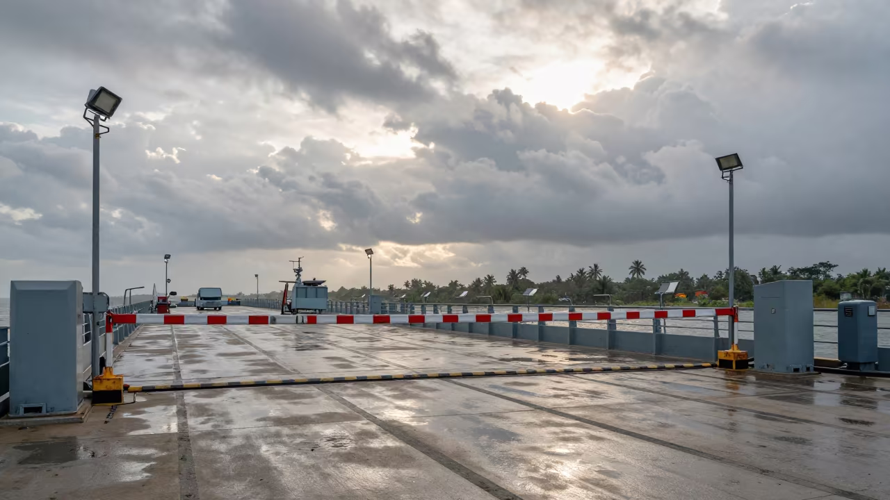 Monsoon Checkpoint on Naval Deck Late Afternoon in on a naval deck in rough wind in Andhra Pradesh