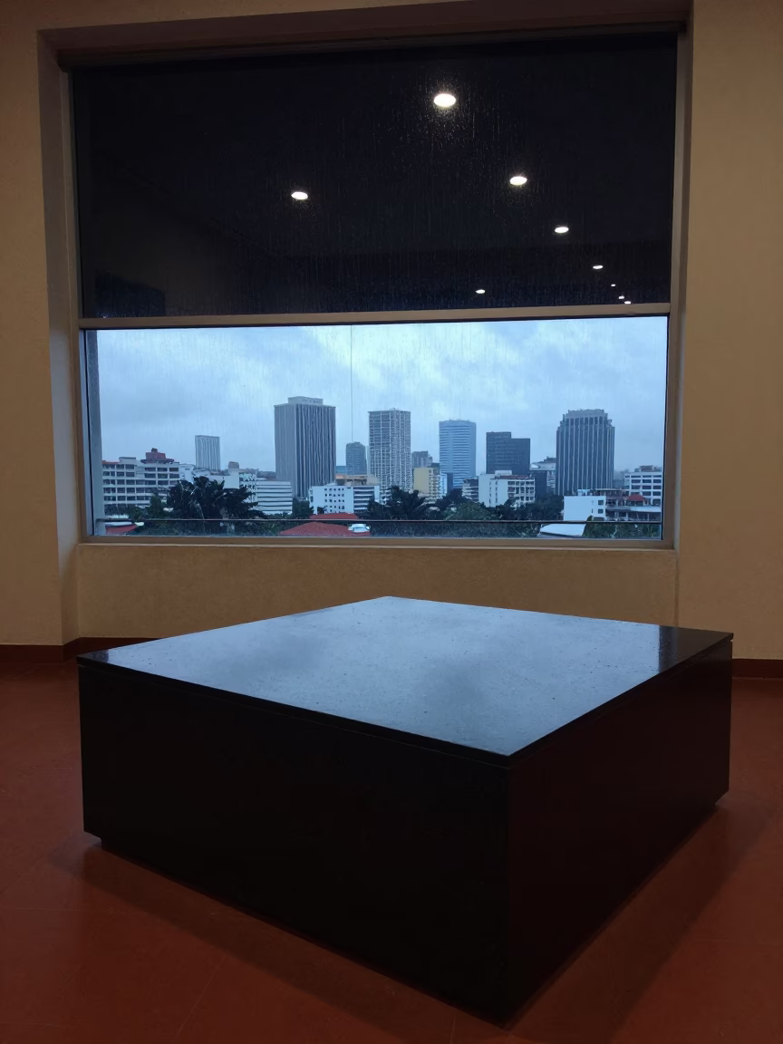 Monsoon City Skyline Reflection on Museum Plinth in on a museum plinth near Tiruchirappalli