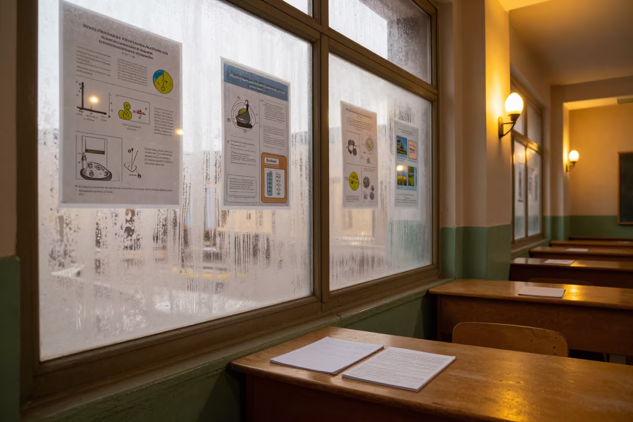 Monsoon Classroom Window with Science Posters in at a seminar table covered in notes in Mazar-i-Sharif