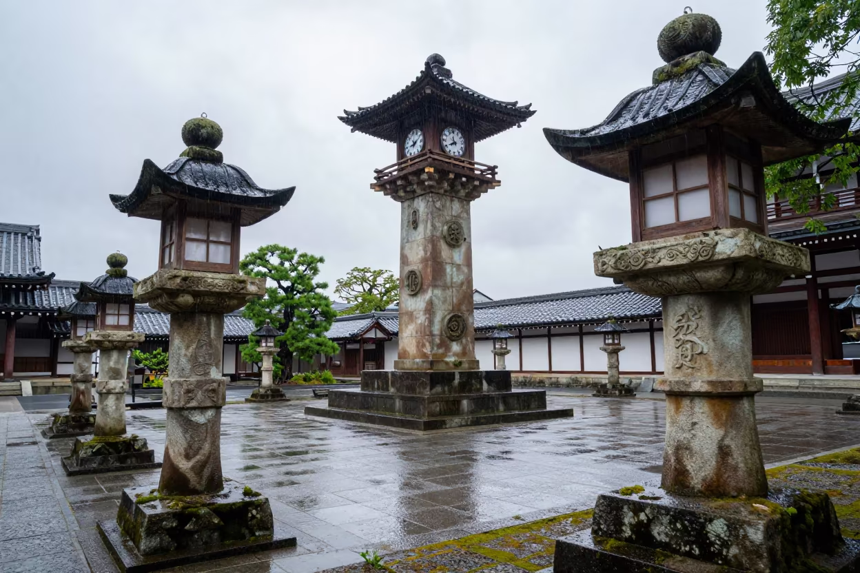Monsoon Clock Tower in Chubu Lantern Temple in in a lantern-lined temple precinct in Chubu