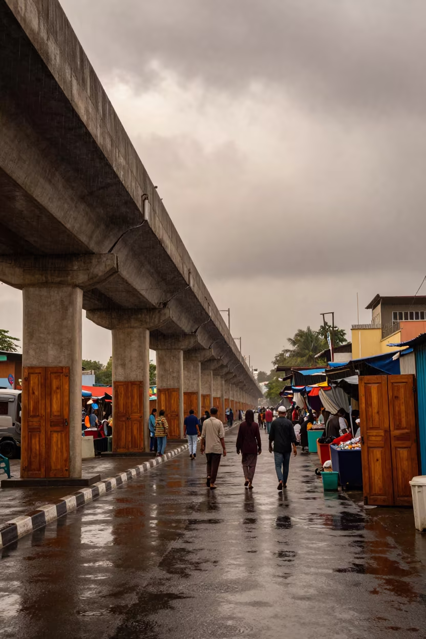 Monsoon commuters under Aden overpass with surreal doors in along a market-lined side street in Aden